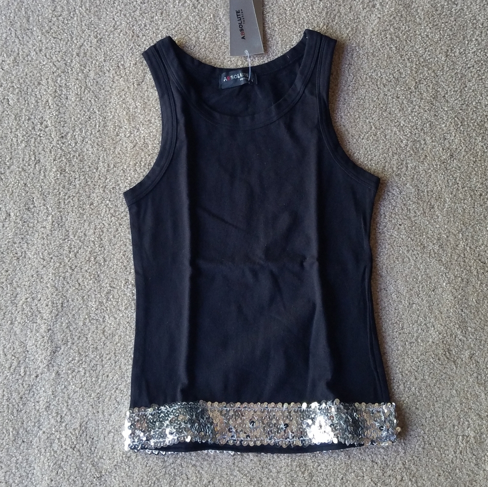 Black Fitted Cotton Tank Top with Sequin Hem from London NEW